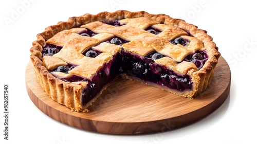 A juicy, delicious homemade cherry pie with a golden, crispy crust, filled with sweet, juicy cherries isolated on a white background. AI generation