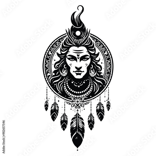 Shiva hindu god with bohemian decoration in black and white illustrations, cutout graphic s photo