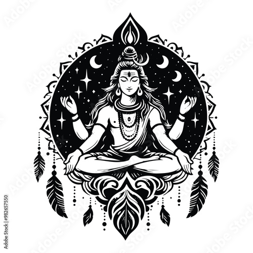 Shiva hindu god with bohemian decoration in black and white illustrations, cutout graphic i