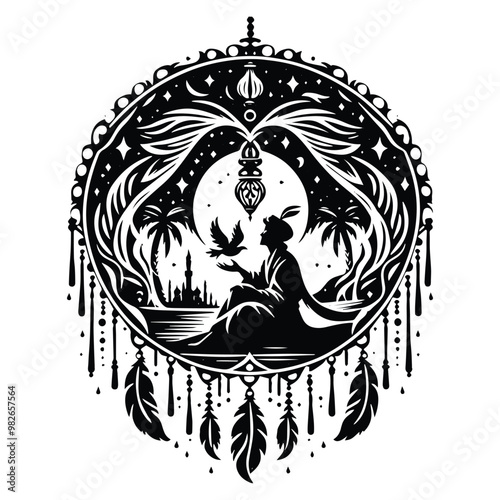 sinbad with bohemian decoration in black and white illustrations, cutout graphic