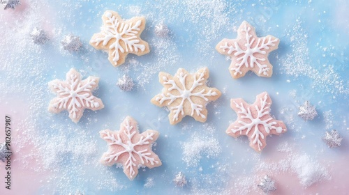 Deliciously decorated snowflake cookies on a pastel background, perfect for winter celebrations and festive gatherings.