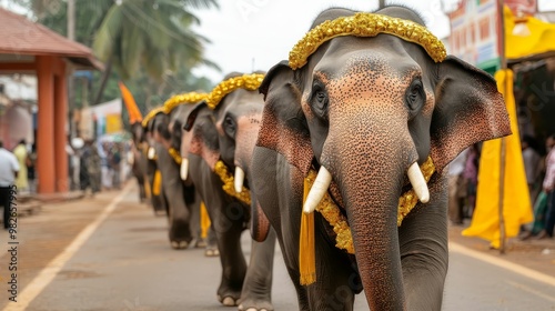 A colorful procession of elephants during the Kerala festival, adorned with golden ornaments, moving through the streets