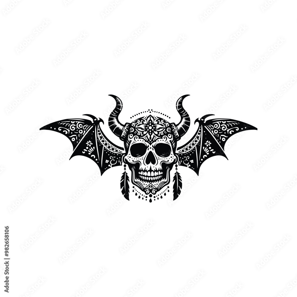Fototapeta premium skull with horn and bat wing with bohemian decoration decoration in black and white illustrations, cutout graphic black and white illustration