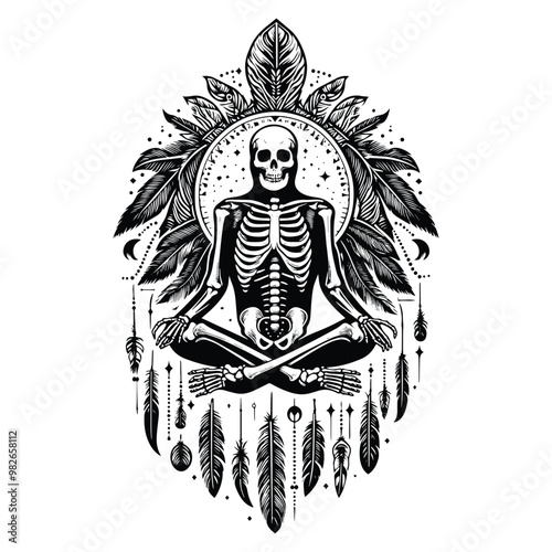 skelleton with bohemian decoration in black and white illustrations, cutout graphic photo