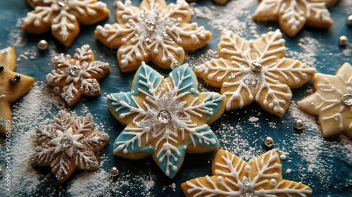 Deliciously decorated snowflake cookies on a blue surface with powdered sugar, perfect for winter celebrations and festive gatherings.