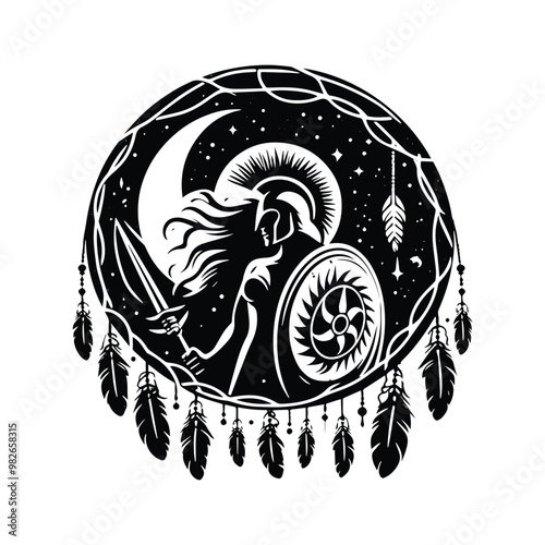 sparta female inside bohemian decoration in black and white illustrations, cutout graphic