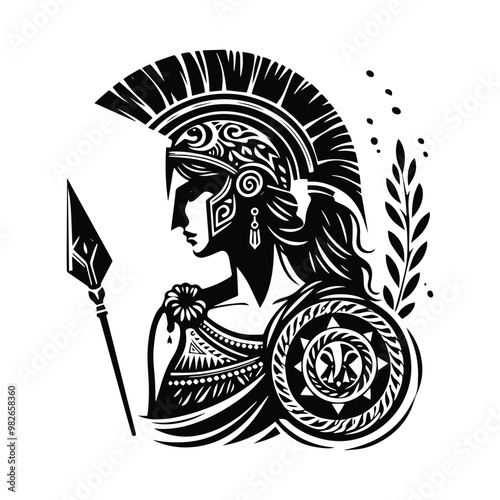 sparta female with bohemian decoration decoration in black and white illustrations, cutout graphic