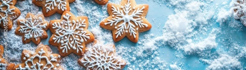 Delicious homemade gingerbread cookies shaped like snowflakes, dusted with white icing, perfect for the winter season.