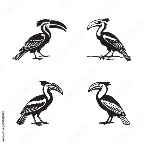 Black and white vector silhouettes set of hornbill