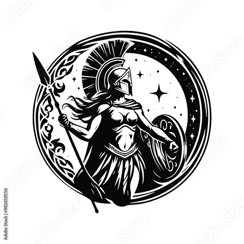 sparta female with bohemian decoration in black and white illustrations, cutout graphic