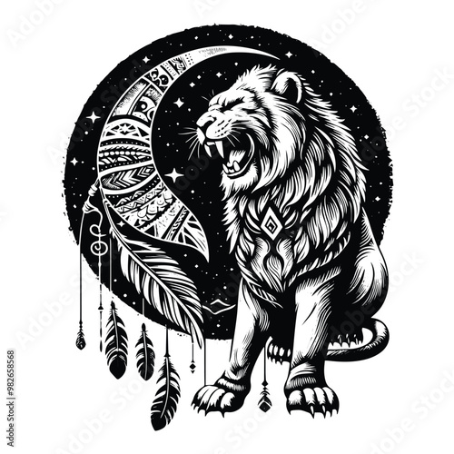 Smilodon with bohemian decoration in black and white illustrations, cutout graphic