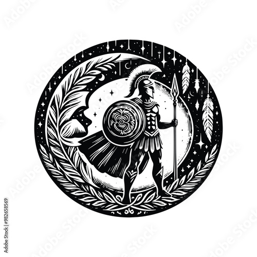 sparta male with bohemian decoration in black and white illustrations, cutout graphic .