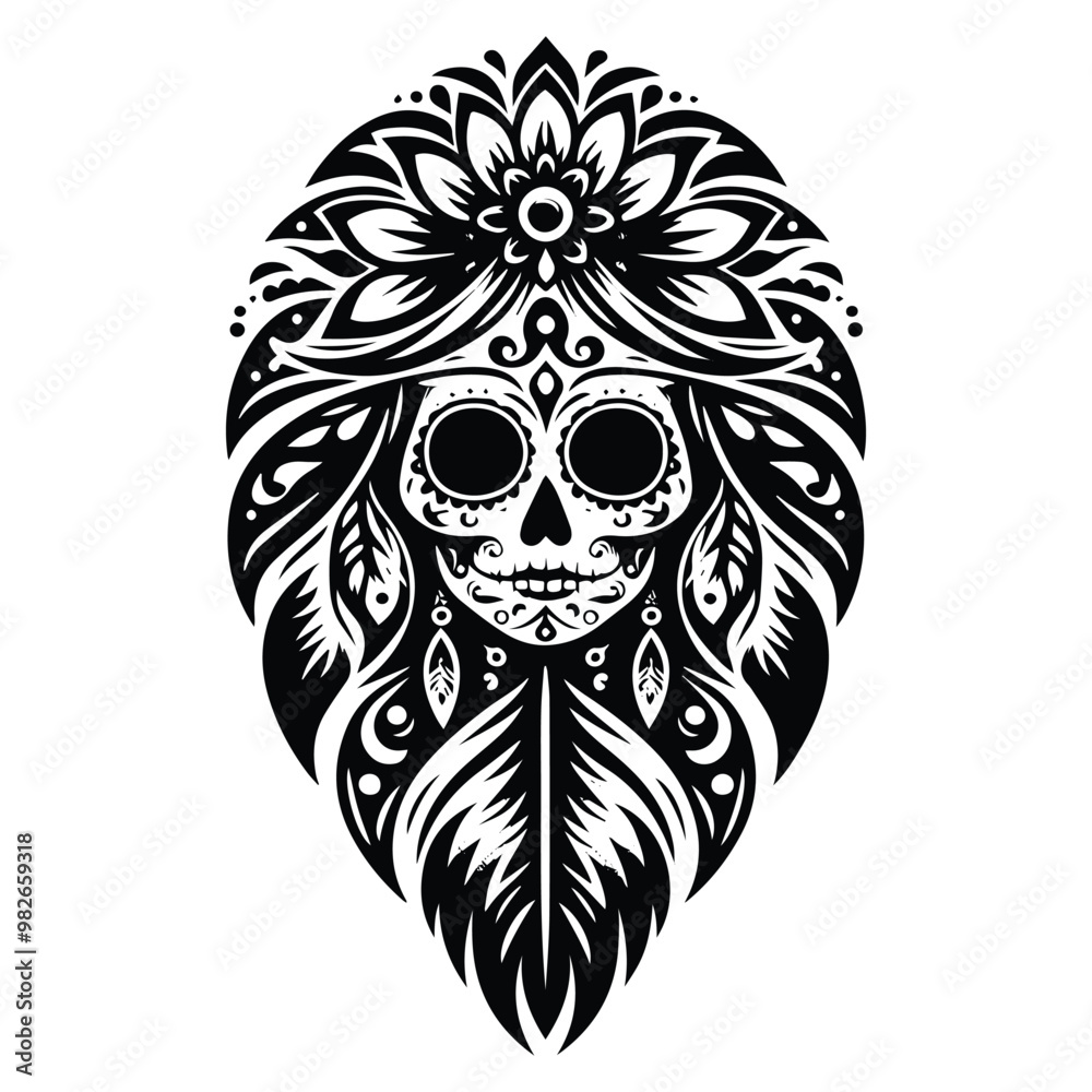 Fototapeta premium sugarskull female inside bohemian decoration in black and white illustrations, cutout graphic