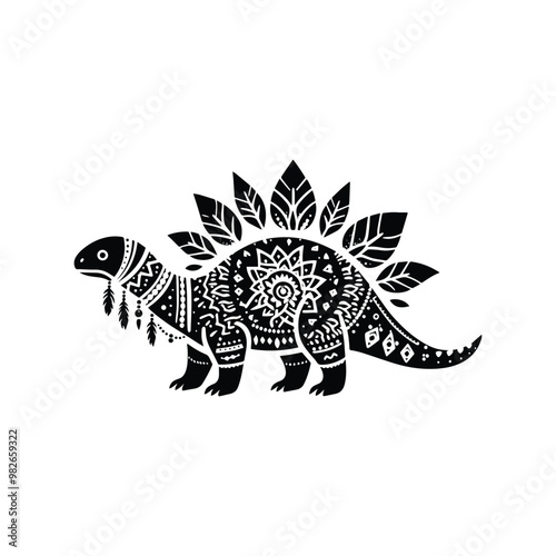 Stegosaurus with bohemian decoration decoration in black and white illustrations, cutout graphic