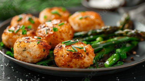 cooked dish. Chicken nuggets with green asparagus on plate 