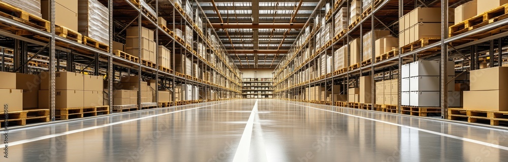 Warehouse Interior with Rows of Pallets and Boxes Warehouse Interior with Rows of Pallets and Boxes