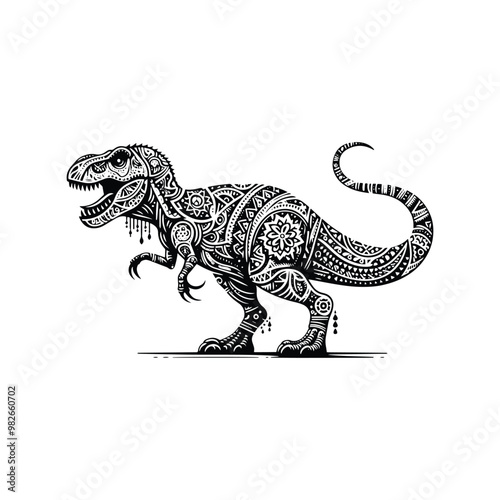 Tyrannosaurus rex with bohemian decoration decoration in black and white illustrations, cutout graphic