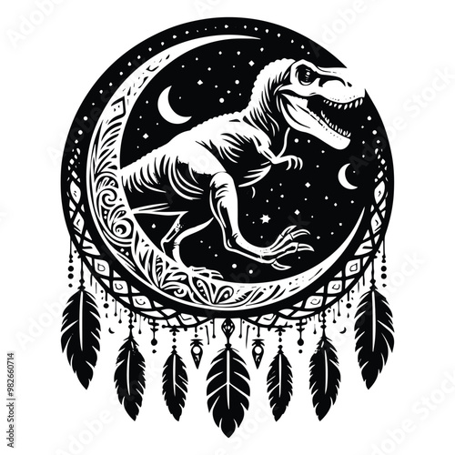 Tyrannosaurus rex with bohemian decoration in black and white illustrations, cutout graphic