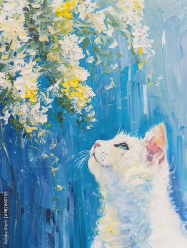 Palette knife oil painting depicts a white cat gazing up at yellow and white flowers, set against a blue backdrop. Vivid colors, crisp details, and pure white background highlight the full-body.