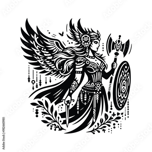 Valkyrie goddess with bohemian decoration decoration in black and white illustrations, cutout graphic