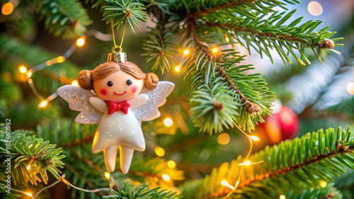 A cute angel Christmas ornament hanging on a beautifully decorated Christmas tree, surrounded by twinkling lights. The image captures the festive, joyful, and warm spirit of the holiday season.