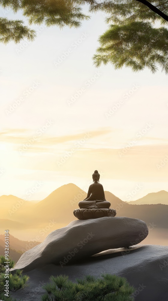 A peaceful mountain scene with a Guan Yin statue overlooking a valley, bathed in the golden light of dawn, embodying serenity and protection A peaceful mountain scene with a Guan Yin statue overlooking a valley, bathed in the golden light of dawn, embodying serenity and protection