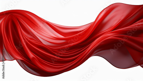 鮮やかな赤い透け感のある布が風に舞い、波打つように流れる様子が描かれています。布の質感は非常に柔らかく、光と影が美しく表現され、背景の白が赤い布を際立たせています。generative AI