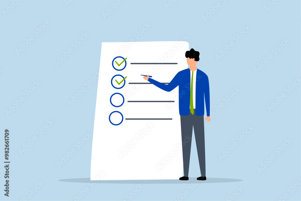 Completed checklist, Businessman is using a pen to review the project list and tick off the checkbox labeled as completed. Completed checklist, Businessman is using a pen to review the project list and tick off the checkbox labeled as completed.
