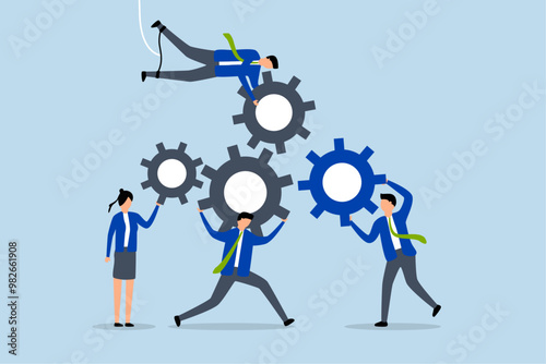 cooperate for team success, Male and female entrepreneurs collaborate to assist in linking gears or cogs.