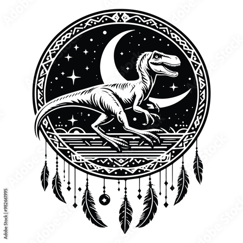 Velociraptor with bohemian decoration in black and white illustrations, cutout graphic a