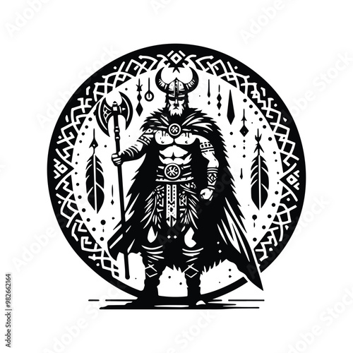 viking male with bohemian decoration in black and white illustrations, cutout graphic t