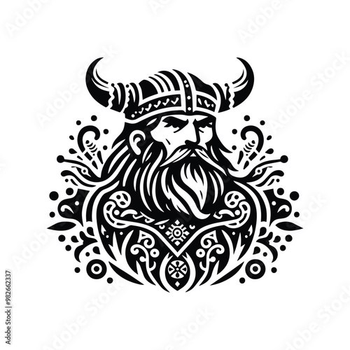 viking male with bohemian decoration decoration in black and white illustrations, cutout graphic