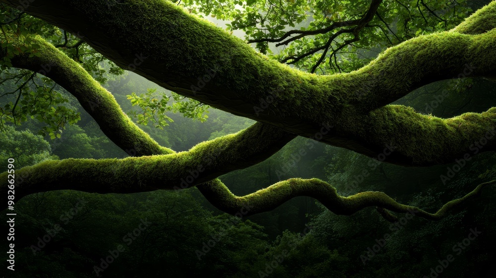 Lush green moss covers the twisting branches of an ancient tree, creating a serene and mystical forest atmosphere. Lush green moss covers the twisting branches of an ancient tree, creating a serene and mystical forest atmosphere.
