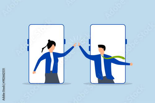 Virtual hi five for success collaboration, Online video call idea, joyful male and female executives give a high-five through their mobile devices.