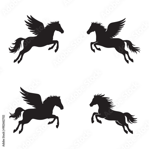 Black and white vector silhouettes set of horse flying