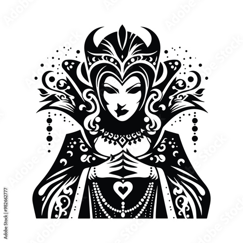villain queen with bohemian decoration decoration in black and white illustrations, cutout graphic
