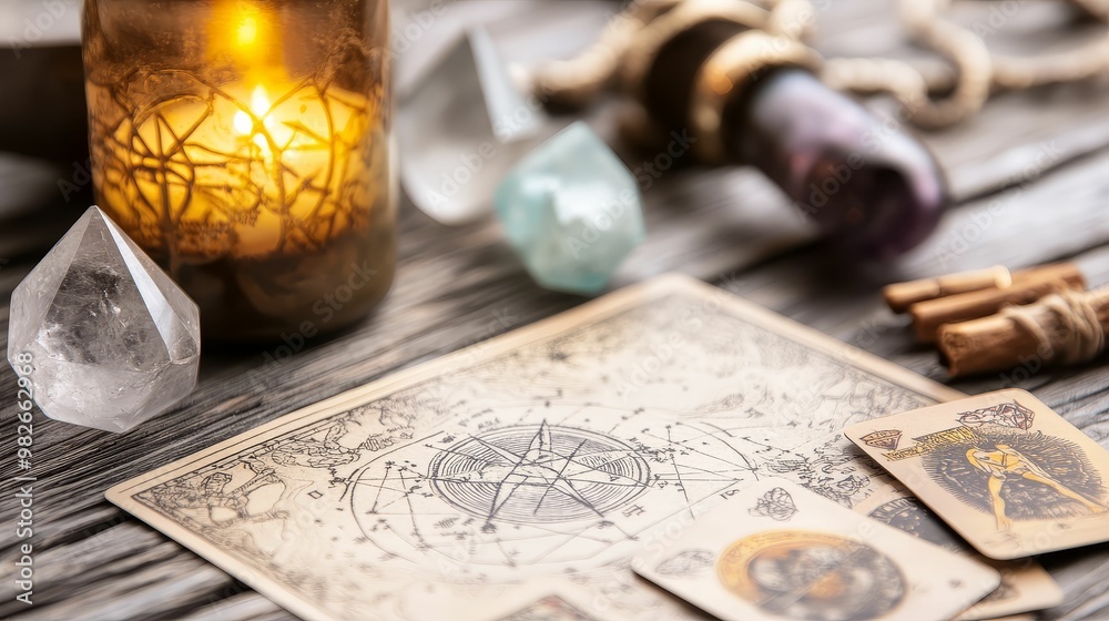 A detailed horoscope chart spread out on a table with tarot cards, crystals, and candles, creating a mystical and introspective atmosphere A detailed horoscope chart spread out on a table with tarot cards, crystals, and candles, creating a mystical and introspective atmosphere