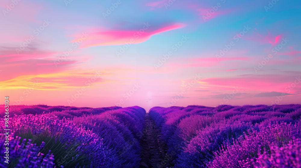 Obraz premium Vibrant lavender field at sunset with pink and blue sky, showcasing the beauty of nature in a serene, colorful landscape perfect for relaxation.
