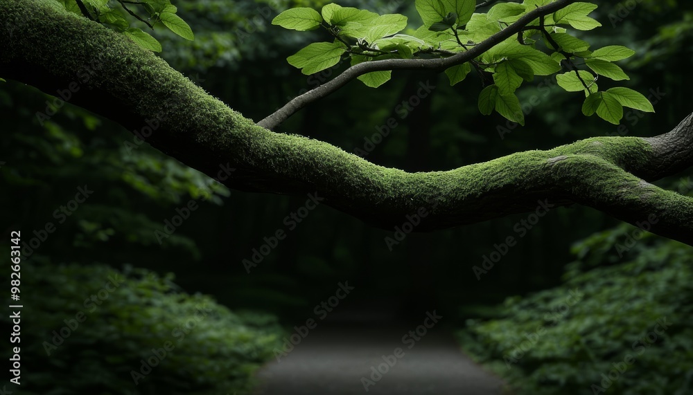 A serene woodland scene with moss-covered branches reaching out over a quiet pathway, with soft green leaves swaying gently in the breeze. A serene woodland scene with moss-covered branches reaching out over a quiet pathway, with soft green leaves swaying gently in the breeze.