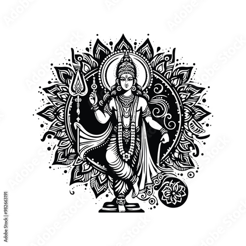 Vishnu hindu god with bohemian decoration decoration in black and white illustrations, cutout graphic