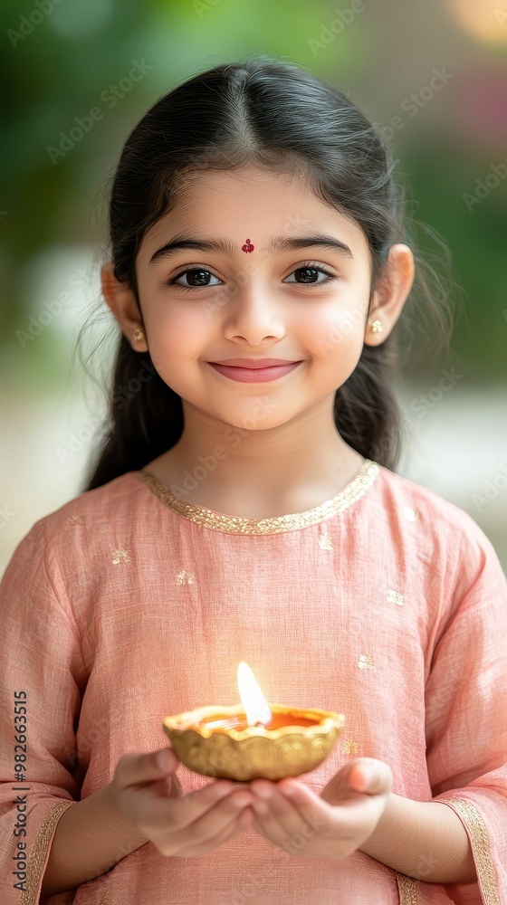 A young girl dressed in traditional attire, holding a lit diya with a joyful expression, celebrating Diwali with her family A young girl dressed in traditional attire, holding a lit diya with a joyful expression, celebrating Diwali with her family