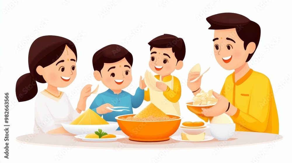 An Indian family gathered around a table for a festive meal, the table adorned with traditional dishes and decorations An Indian family gathered around a table for a festive meal, the table adorned with traditional dishes and decorations