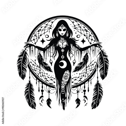 voodoo lady horror inside bohemian decoration in black and white illustrations, cutout graphic