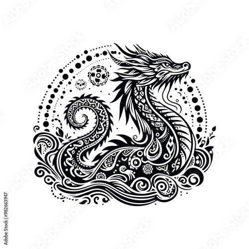 water dragon with bohemian decoration decoration in black and white illustrations, cutout graphic