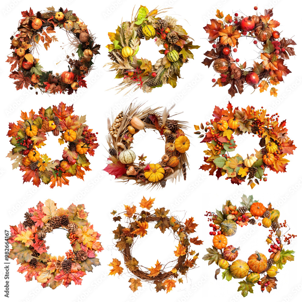 PNG fall wreath element set, transparent background PNG fall wreath element set, transparent background
