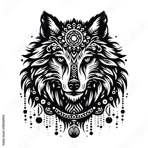 werewolves creature with bohemian decoration decoration in black and white illustrations, cutout graphic