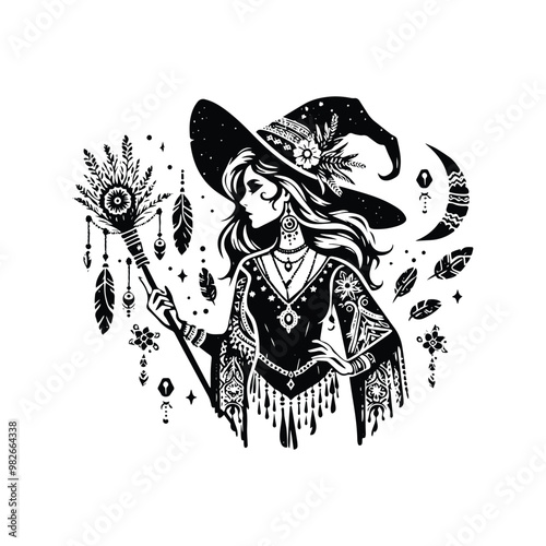 witch with bohemian decoration decoration in black and white illustrations, cutout graphic