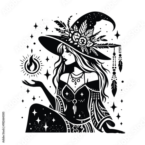 witch with bohemian decoration decoration in black and white illustrations, cutout graphic