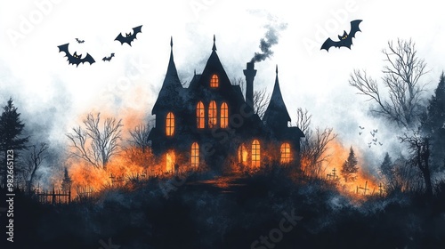 A haunted house silhouette with glowing windows and bats.