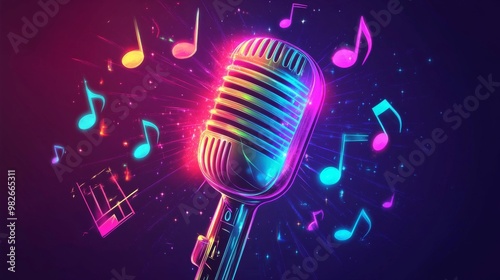 Neon-style karaoke microphone with colorful sound bars and notes on dark background